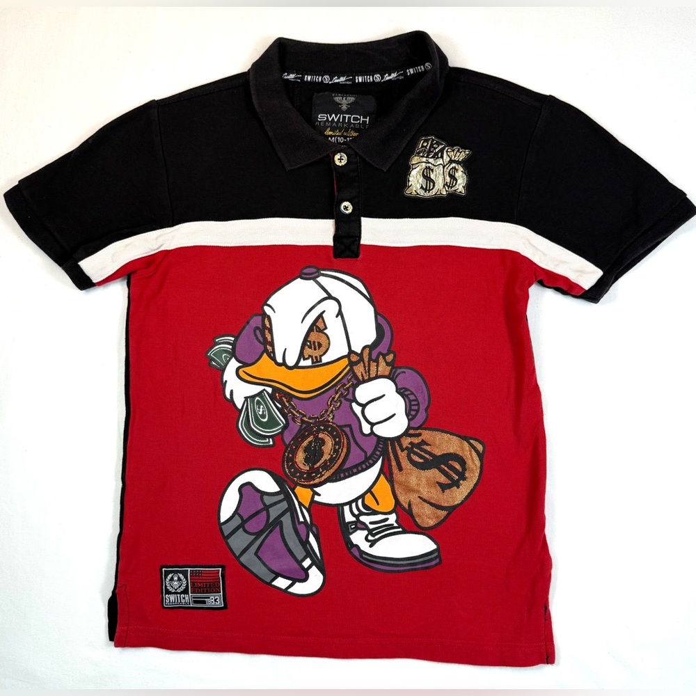 SWITCH Boys Money Duck Graphic Polo Shirt M Streetwear Hiphop Urban Bold Sporty‎